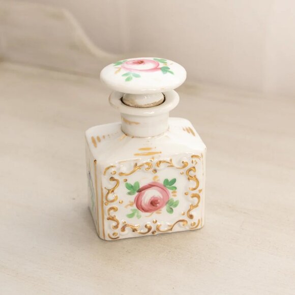 Antique Small White Ceramic Hand-Painted Floral Bottle - Picture 1 of 7